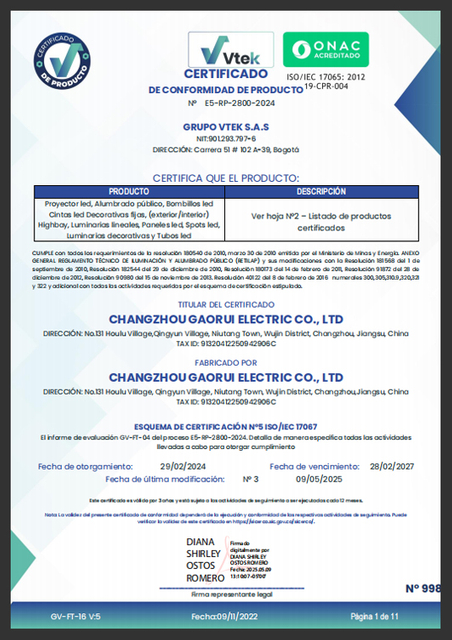 Cheti cha GV-FT-16 V5 cha Conformidad E5-RP-2800-2024.-M2 CERTISOLUCIONES